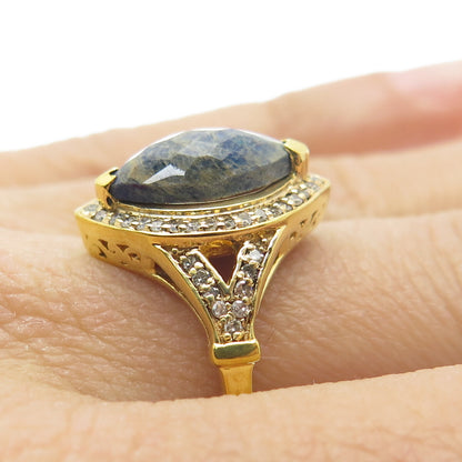 925 Sterling Silver Gold Plated Real Diamond & Picture Sapphire Gem Ring Size 8