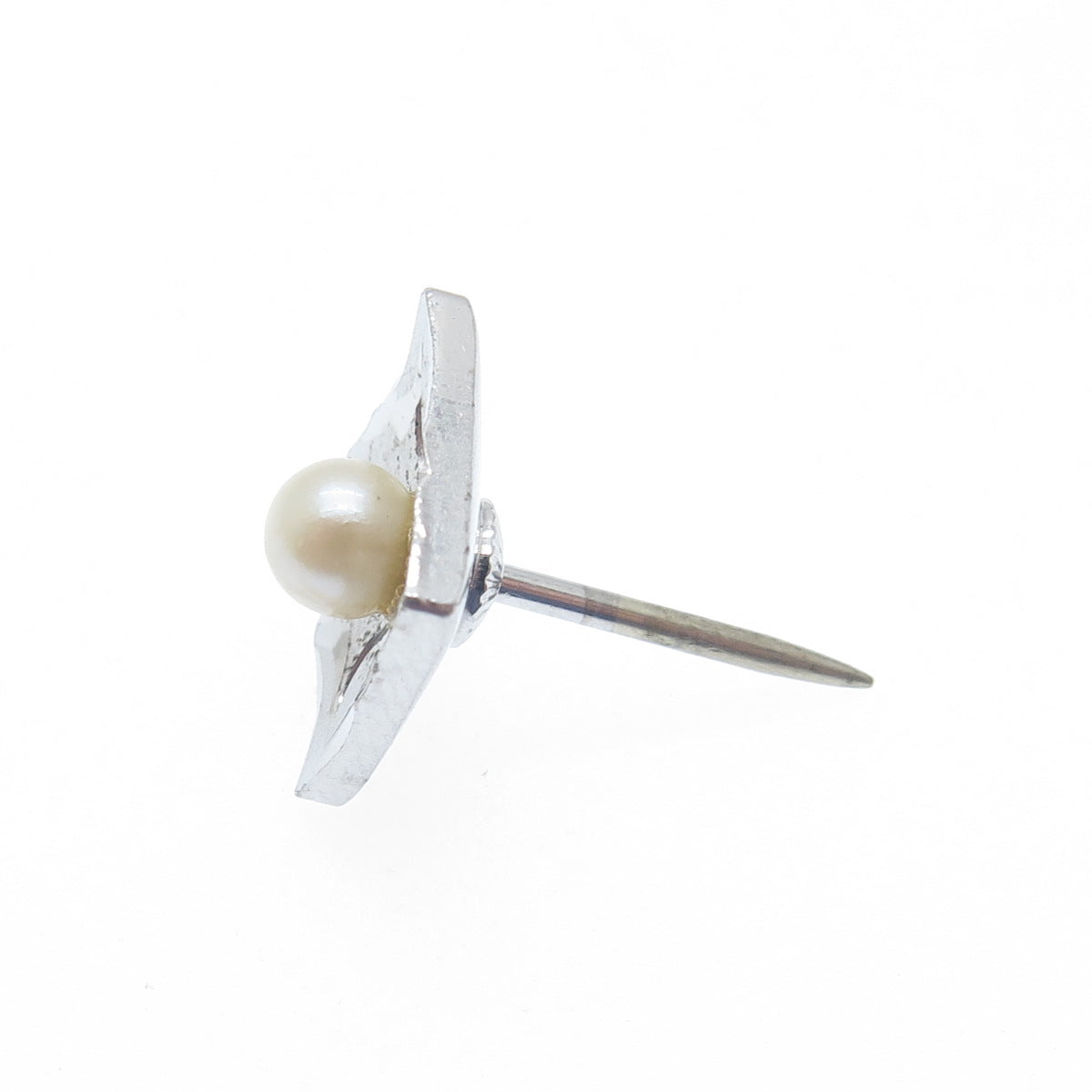 925 Sterling Silver Vintage Real Pearl Engraved Square Lapel Pin