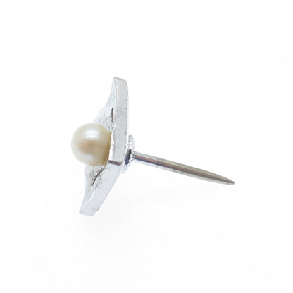 925 Sterling Silver Vintage Real Pearl Engraved Square Lapel Pin