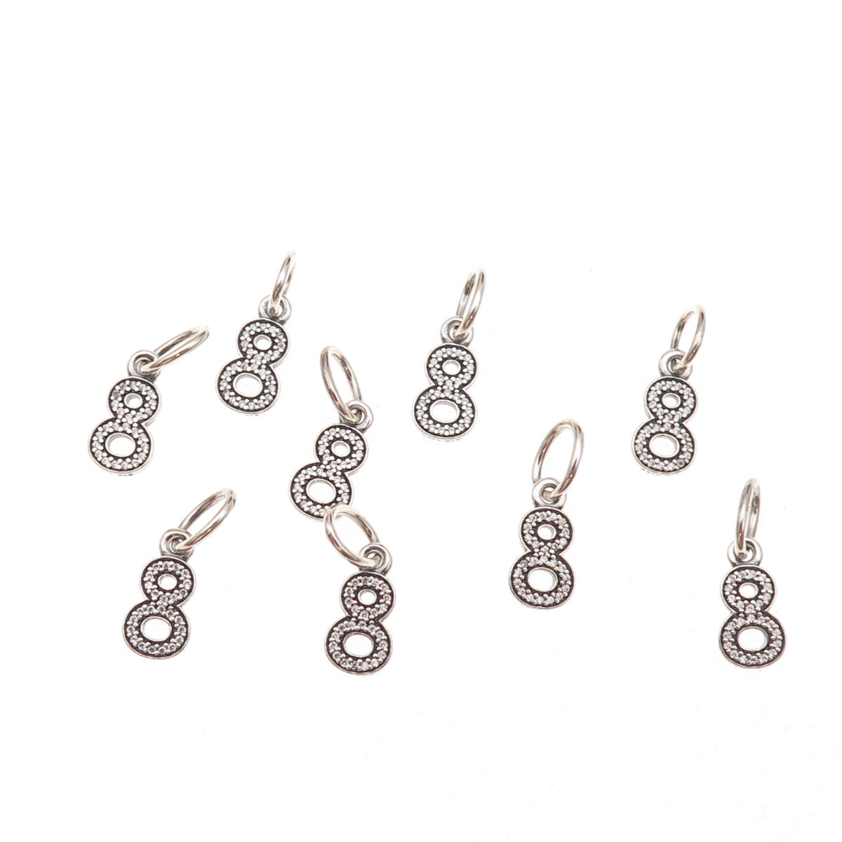 Pandora 925 Sterling Silver C Z Lucky Number 8 SET of 9 Charm Pendants