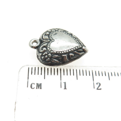 925 Sterling Silver Vintage Puffy Heart Ornate 3D Charm Pendant