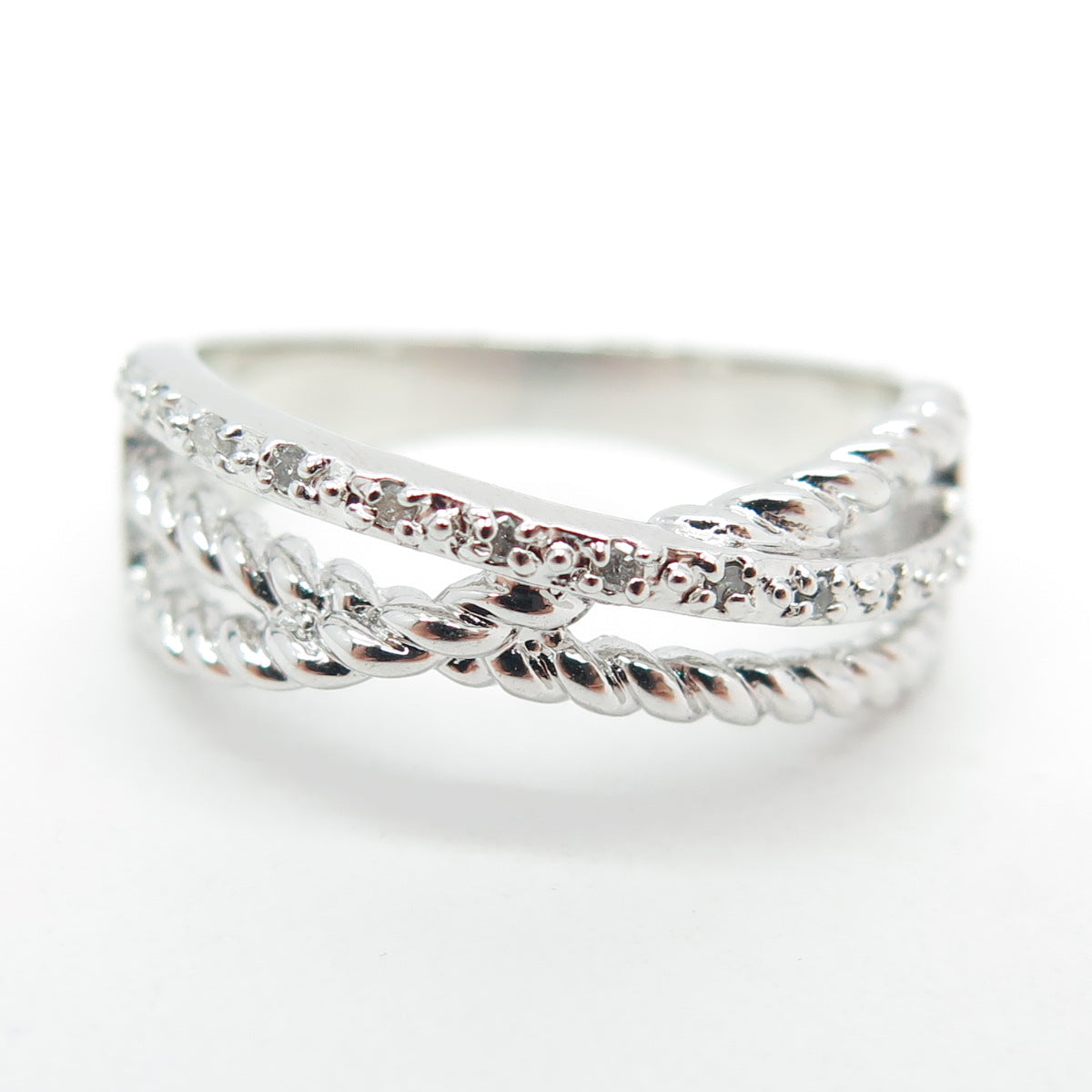 925 Sterling Silver Real Round-Cut Diamond Crisscross Ring Size 7.75