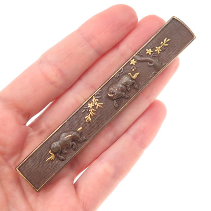 Antique Japanese Bronze Kozuka Bull Pin Brooch
