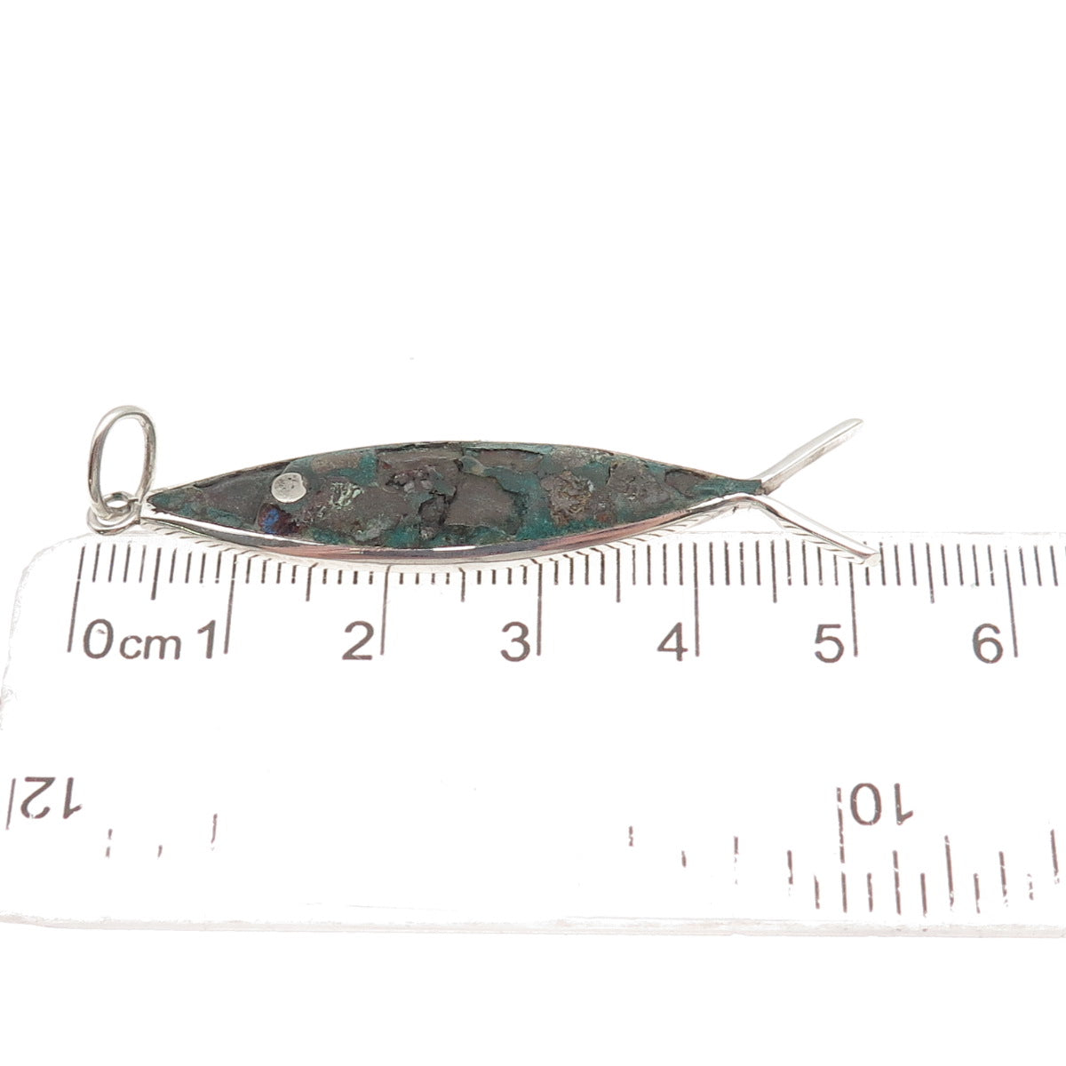925 Sterling Silver Vintage Mexico Real Turquoise Inlay Ichthys Charm Pendant