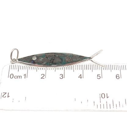 925 Sterling Silver Vintage Mexico Real Turquoise Inlay Ichthys Charm Pendant