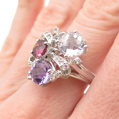 925 Sterling Silver Real Amethyst Tourmaline & White Topaz Ring Size 7
