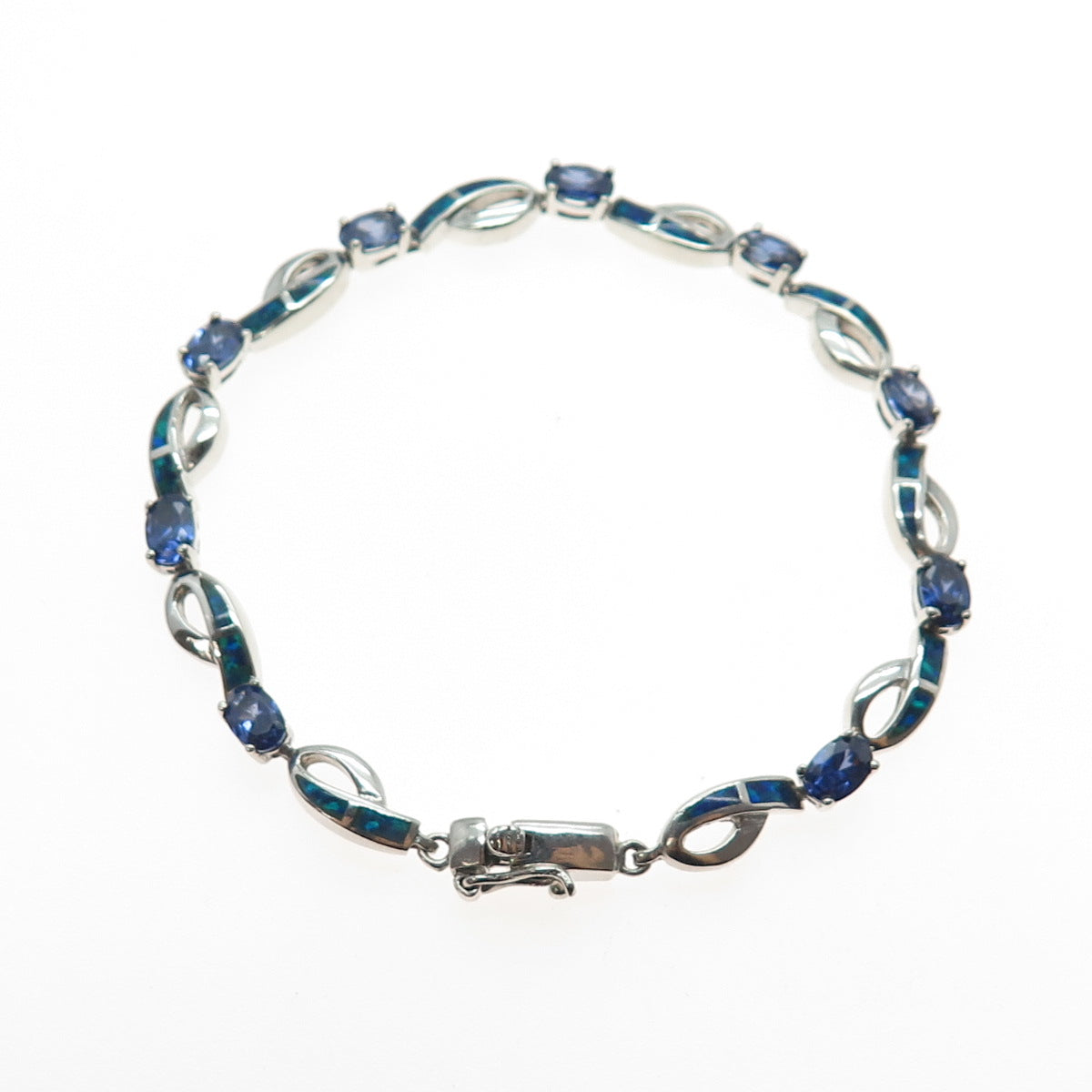 925 Sterling Silver Vintage Real Opal & Iolite Ribbon Link Bracelet 7.25"