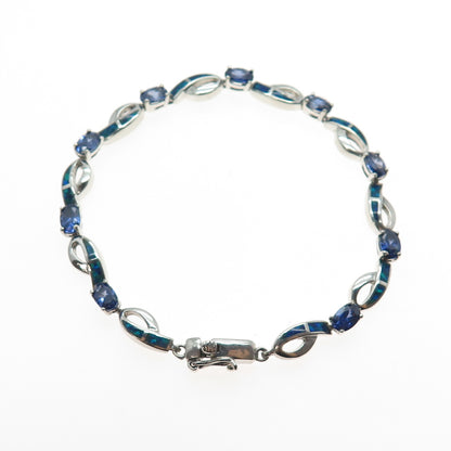 925 Sterling Silver Vintage Real Opal & Iolite Ribbon Link Bracelet 7.25"