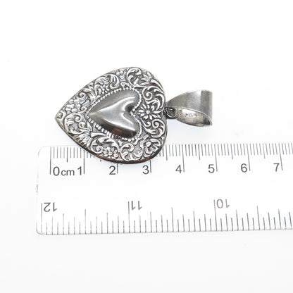 925 Sterling Silver Vintage Mexico Repousse Heart Oxidized Pendant