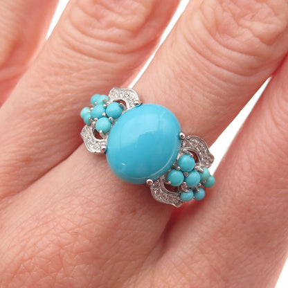 925 Sterling Silver Real Sleeping Beauty Turquoise & White Topaz Ring Size 8