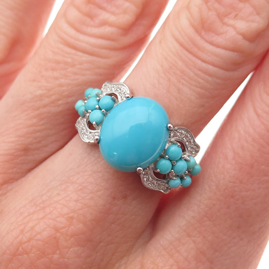 925 Sterling Silver Real Sleeping Beauty Turquoise & White Topaz Ring Size 8