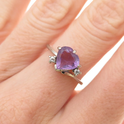 925 Sterling Silver Vintage Real Amethyst & C Z Heart Ring Size 6