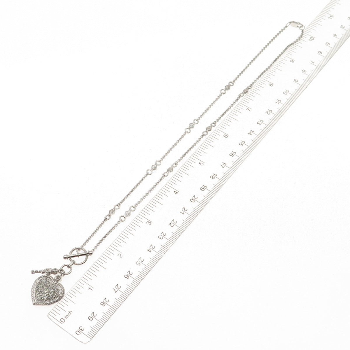 925 Sterling Silver Real Round-Cut Diamond Heart & Key Chain Necklace 18"