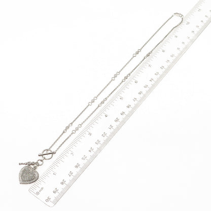 925 Sterling Silver Real Round-Cut Diamond Heart & Key Chain Necklace 18"