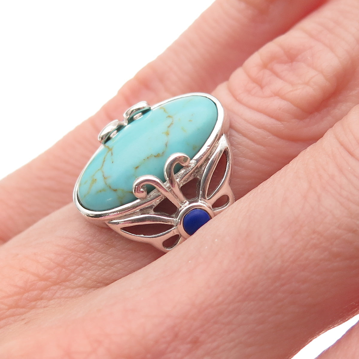 925 Sterling Silver Vintage Real Turquoise & Lapis Butterfly Ring Size 6