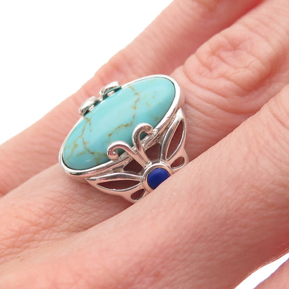 925 Sterling Silver Vintage Real Turquoise & Lapis Butterfly Ring Size 6