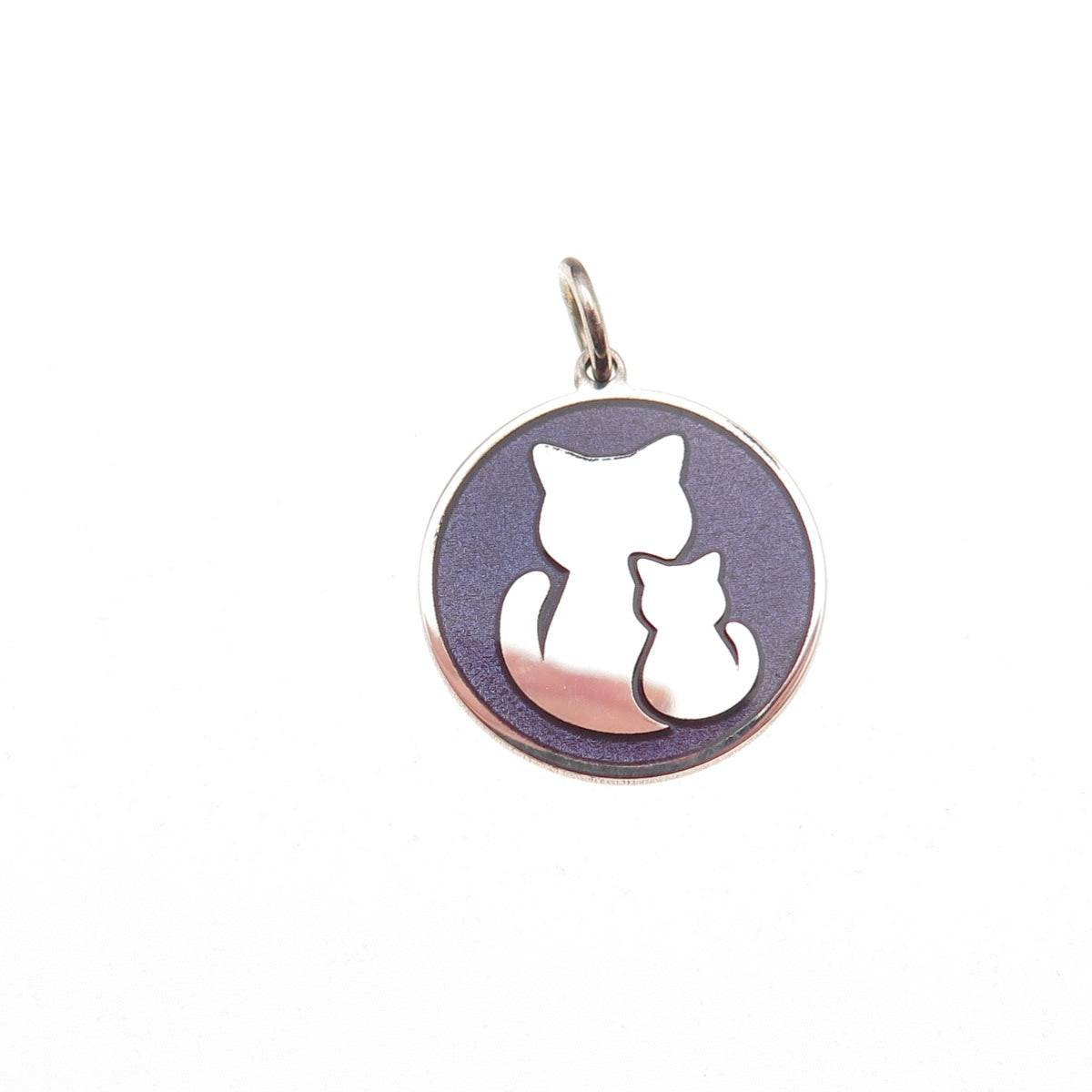 925 Sterling Silver Purple Enamel Mom & Child Cat Round Tag Mini Charm Pendant