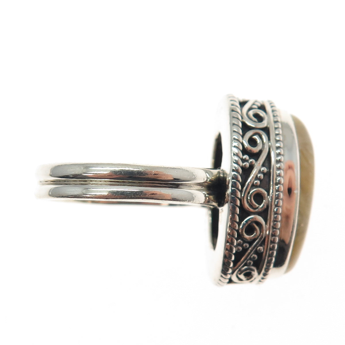 925 Sterling Silver Vintage Real Rutilated Quartz Spiral Oxidized Ring Size 7.25