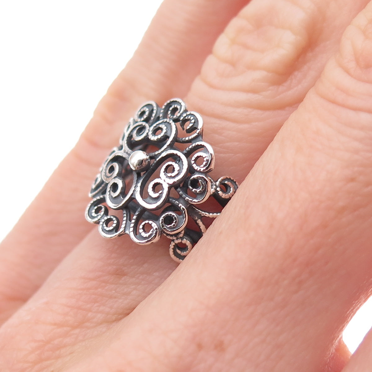 Beau Sterling Silver Antique Art Deco Floral Oxidized Adjustable Ring Size 5.25