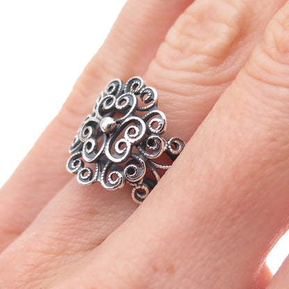 Beau Sterling Silver Antique Art Deco Floral Oxidized Adjustable Ring Size 5.25