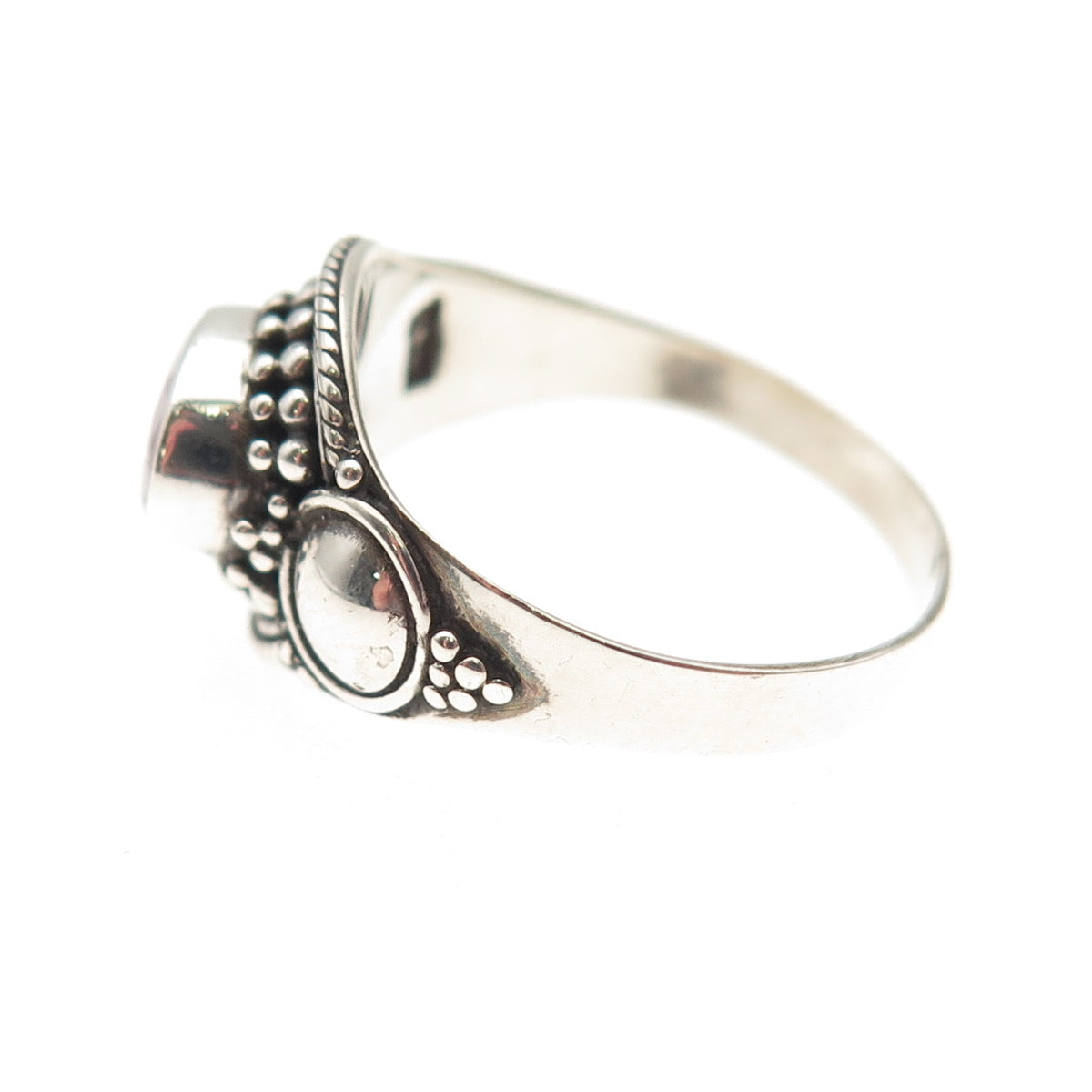 925 Sterling Silver Vintage Real Oval-Cut Ruby Beaded Oxidized Ring Size 7.75