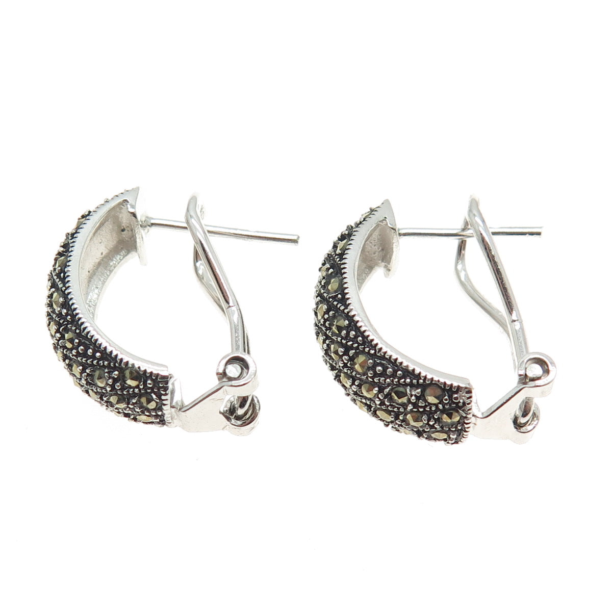 925 Sterling Silver Real Marcasite Omega Back Earrings