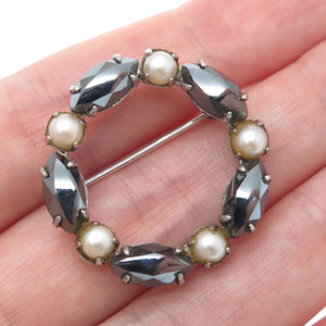 SORRENTO 925 Sterling Silver Vintage Real Hematite & Pearl Circle Pin Brooch