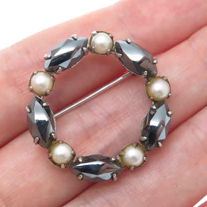 SORRENTO 925 Sterling Silver Vintage Real Hematite & Pearl Circle Pin Brooch