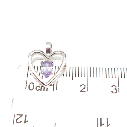 925 Sterling Silver Vintage Pear-Cut Purple C Z Heart Mini Charm Pendant