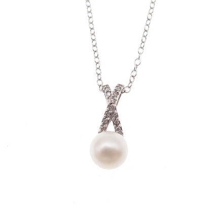925 Sterling Silver Real Round-Cut Diamond & Pearl Cable Chain Necklace 18"