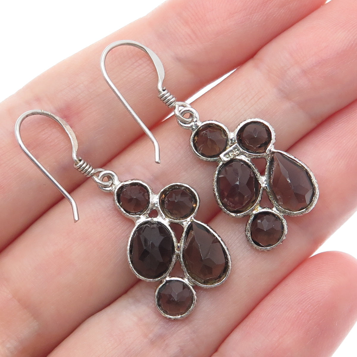 925 Sterling Silver Vintage Real Smoky Quartz Cluster Dangle Earrings