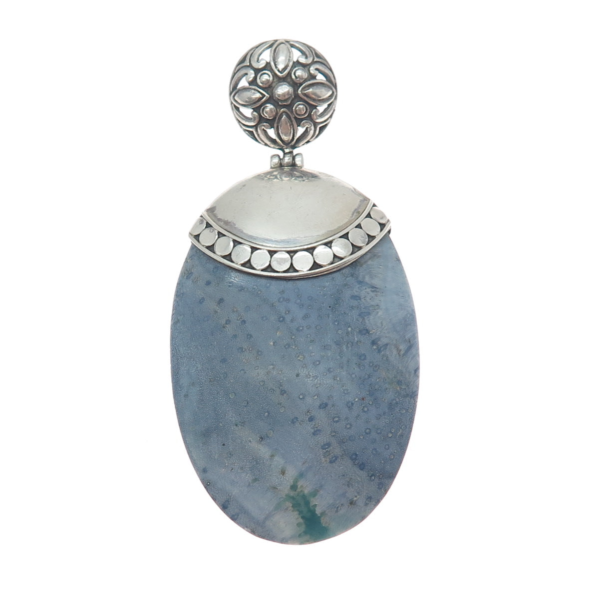 925 Sterling Silver Vintage Real Angelite Modernist Flower Pendant