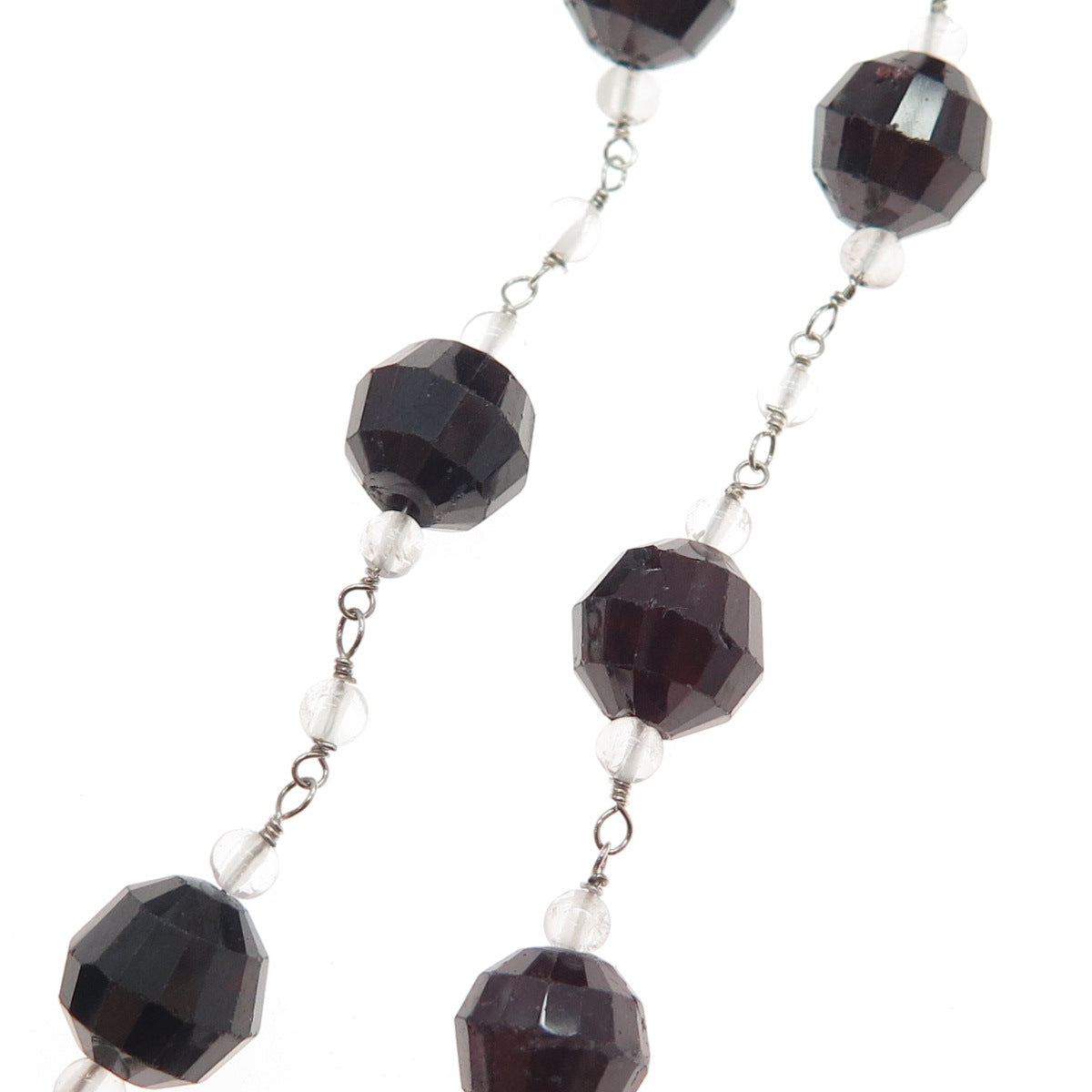 925 Sterling Silver Vintage Real Garnet Clear Crystal Beaded Chain Necklace 18"