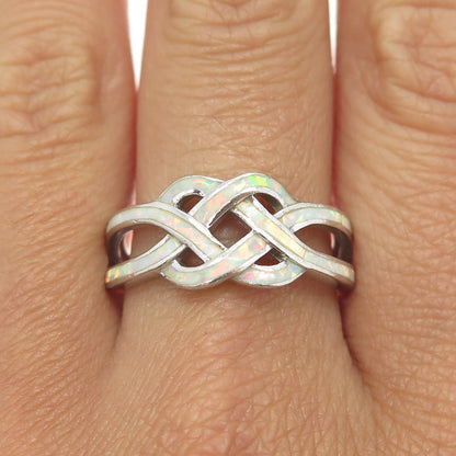 925 Sterling Silver Real Opal Celtic Love Knot Ring Size 9.75