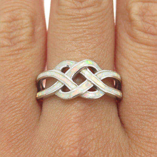 925 Sterling Silver Real Opal Celtic Love Knot Ring Size 9.75