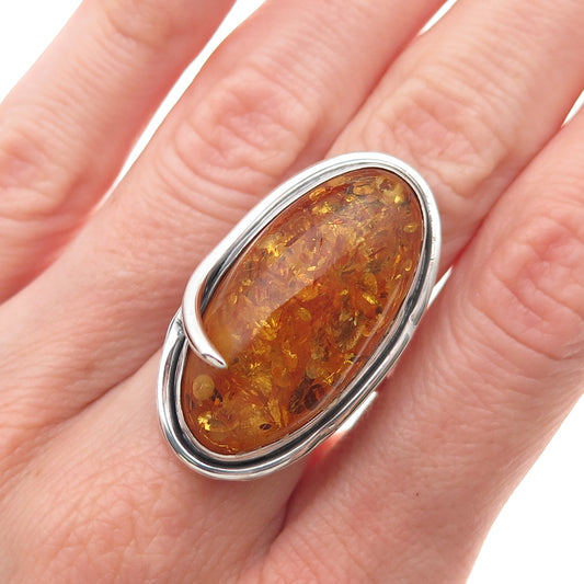 925 Sterling Silver Vintage Poland Real Amber Modernist Oxidized Ring Size 6.5
