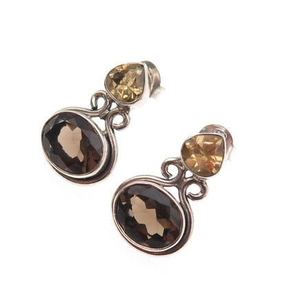 SX Sally C 925 Sterling Silver Vintage Real Smoky Quartz & Citrine Earrings