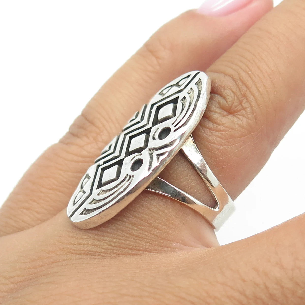 925 Sterling Silver Vintage Southwestern Native Symbols Tribal Ring Size 5.75