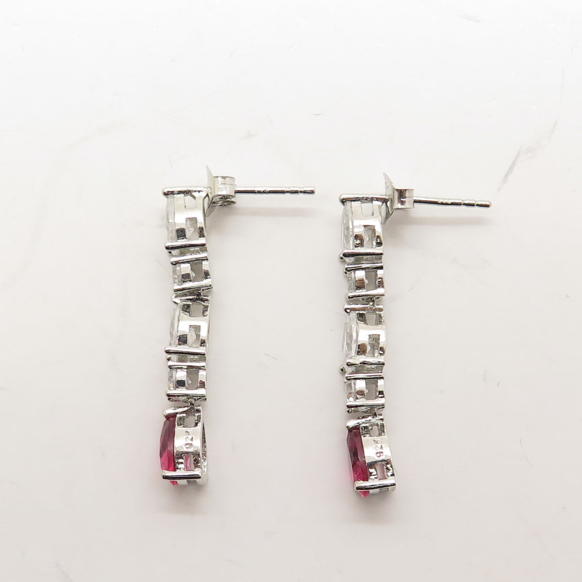 925 Sterling Silver White & Pink C Z Dangling Earrings