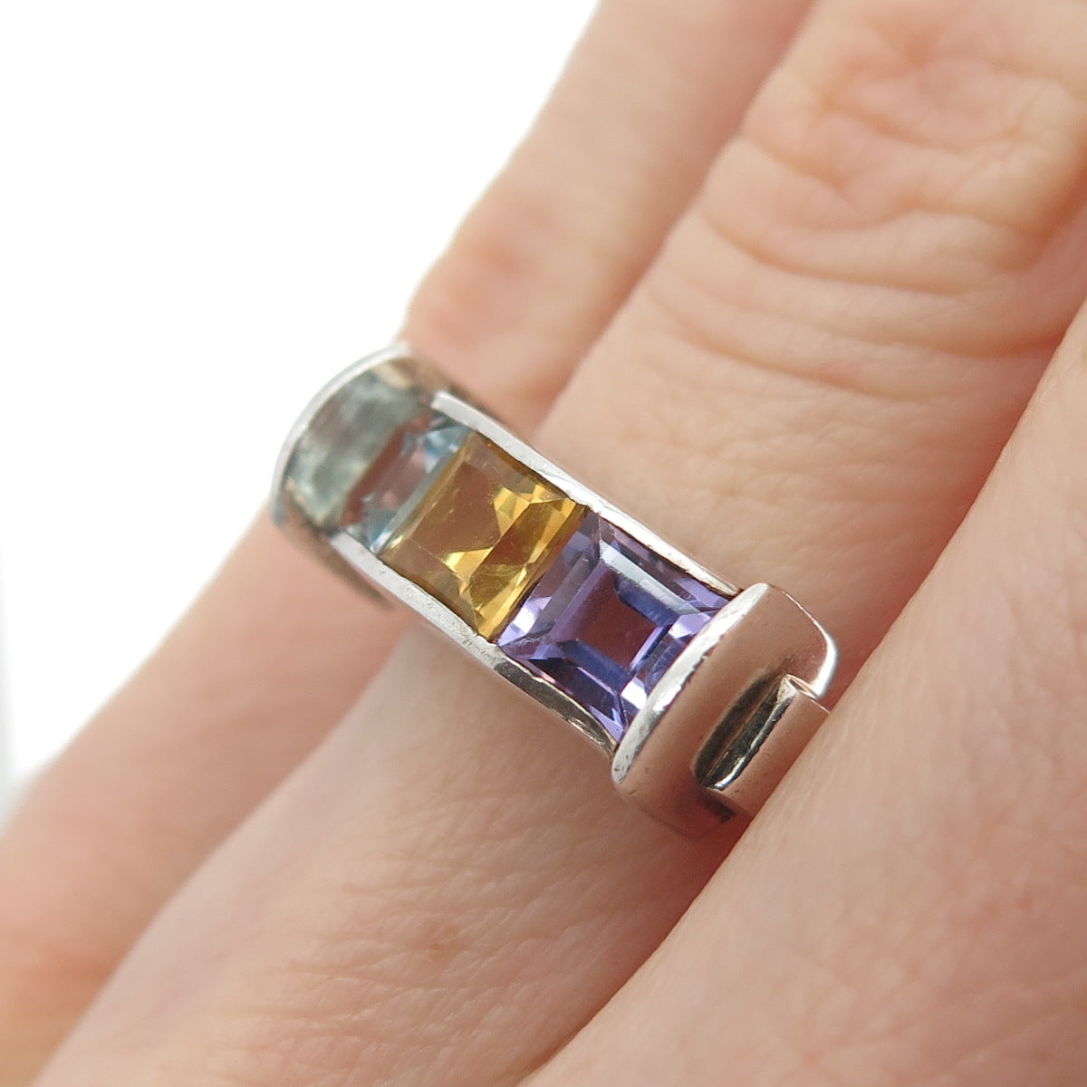 925 Sterling Silver Vintage Real Amethyst Blue & Yellow Topaz Gem Ring Size 6.25