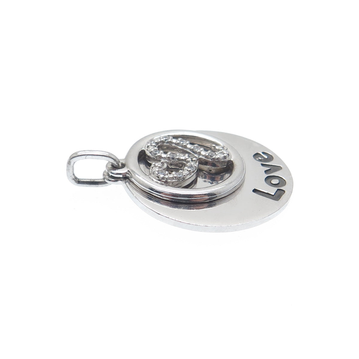 925 Sterling Silver Round-Cut C Z Love Shh! Heart Double Charm Pendant