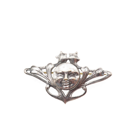 925 Sterling Silver Vintage Moon Face Oxidized Pin Brooch