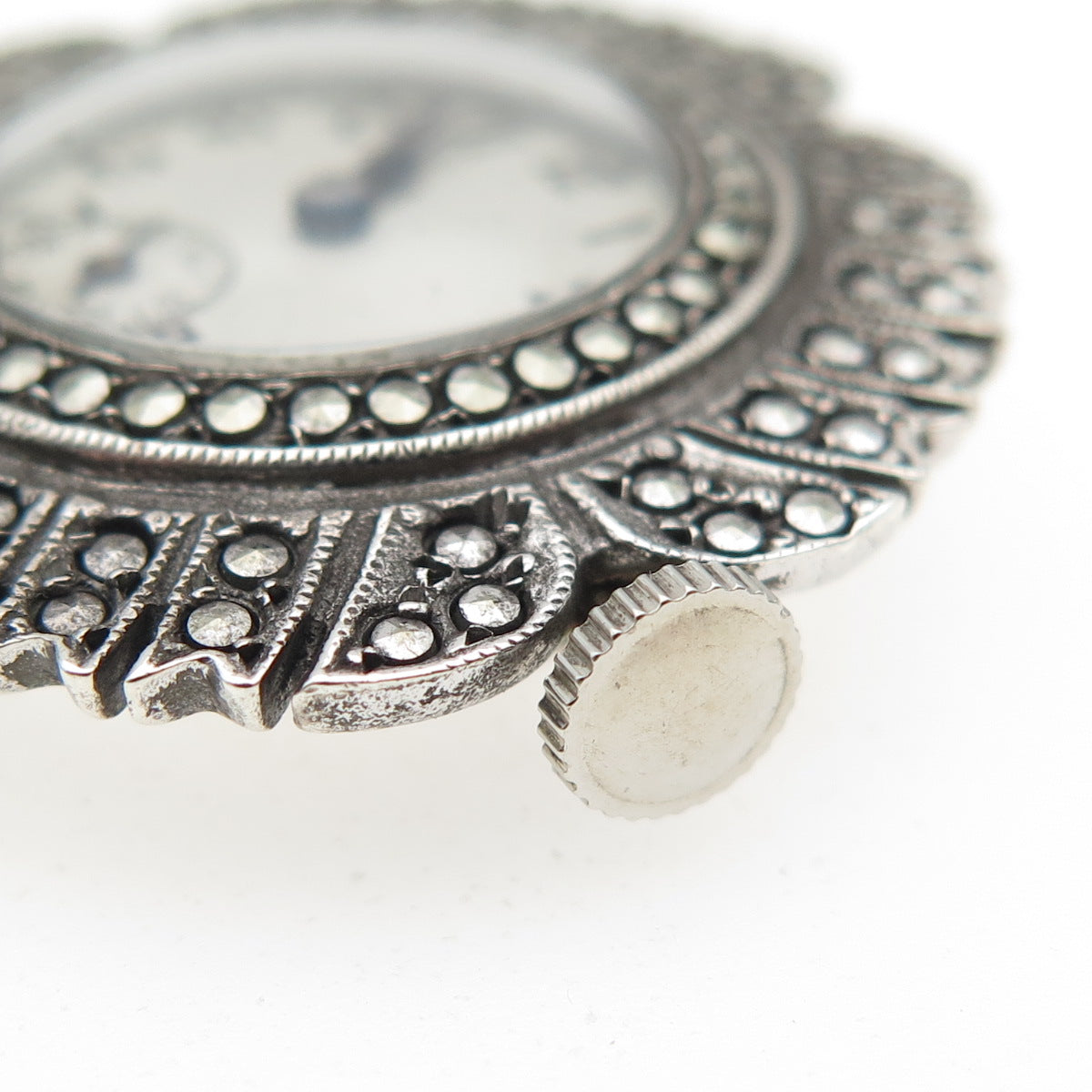 ROBOT CO 925 Sterling Antique Swiss Real Marcasite Flower 17 Jewels Watch Brooch
