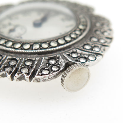 ROBOT CO 925 Sterling Antique Swiss Real Marcasite Flower 17 Jewels Watch Brooch