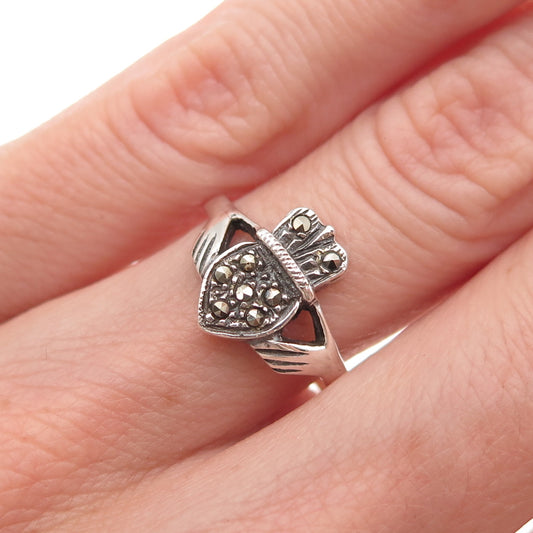925 Sterling Silver Vintage Real Marcasite Irish Claddagh Oxidized Ring Size 6