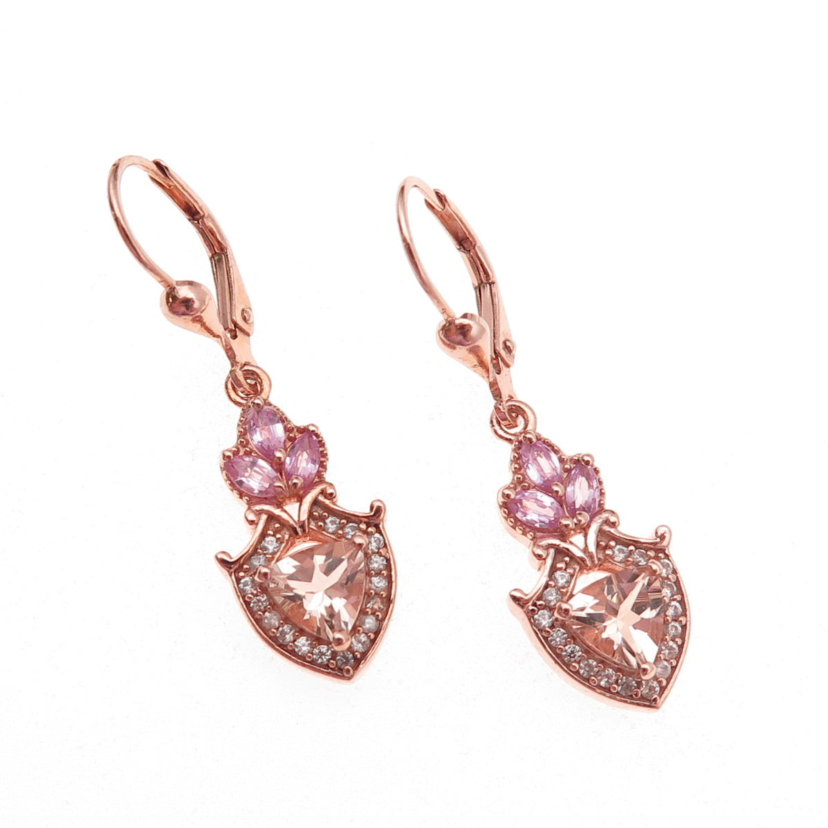 D'Joy 925 Sterling Gold Plated Real Morganite Pink Sapphire White Topaz Earrings
