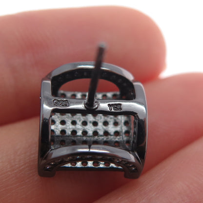 925 Sterling Silver Black Rhodium Round-Cut C Z Arch Square Stud Earrings