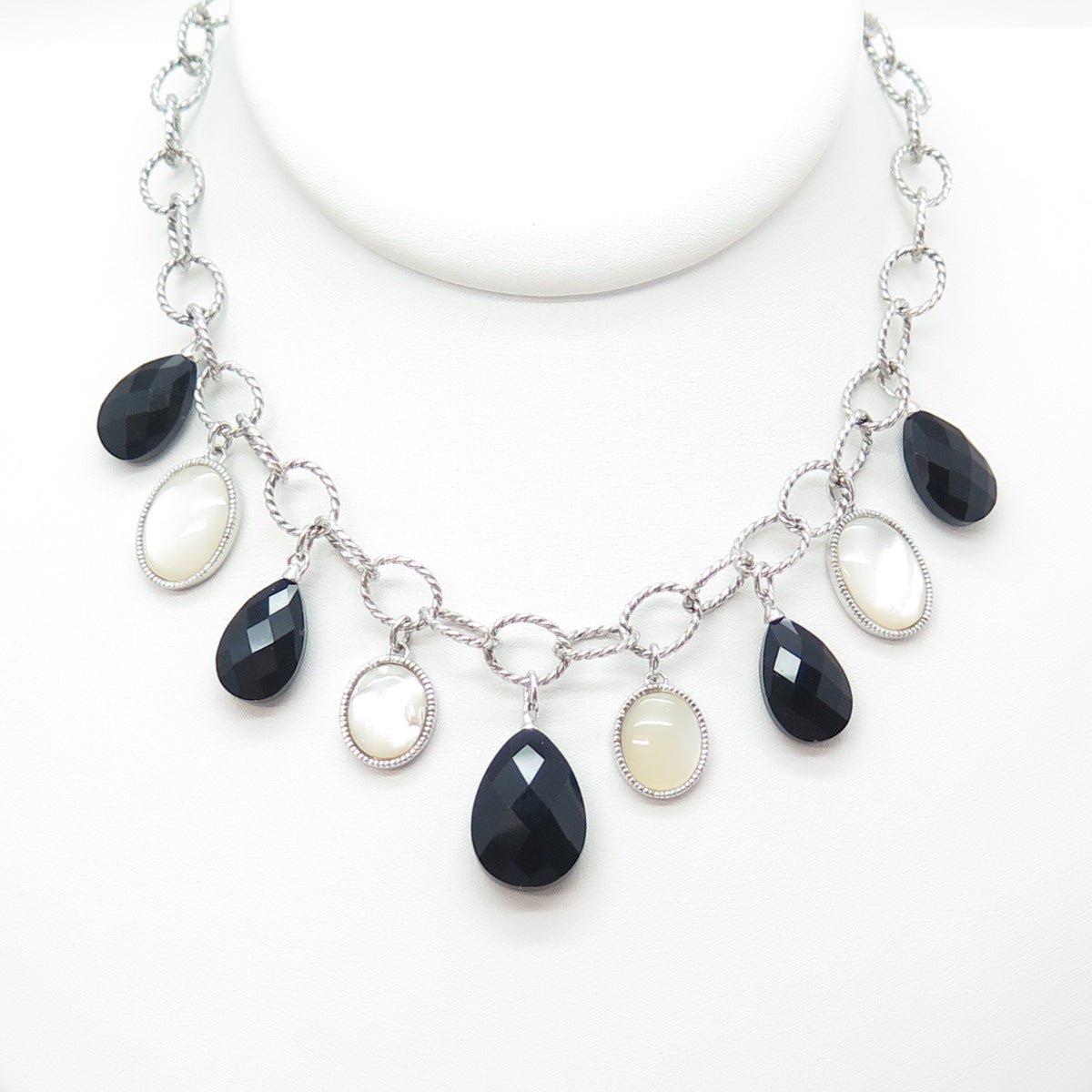 SAI 925 Sterling Silver Vintage Real MOP & Black Onyx Dangle Charms Necklace 18"