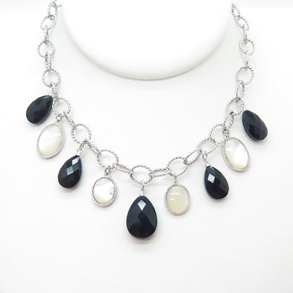 SAI 925 Sterling Silver Vintage Real MOP & Black Onyx Dangle Charms Necklace 18"