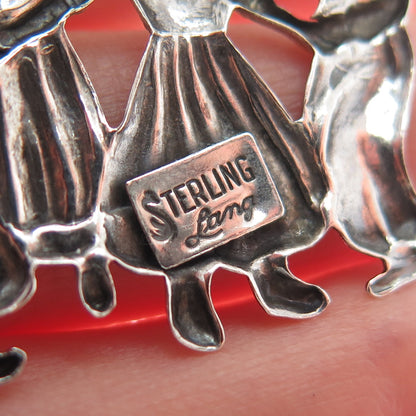 LANG 925 Sterling Silver Vintage Dutch Folklore Dance Scene Oxidized Pin Brooch